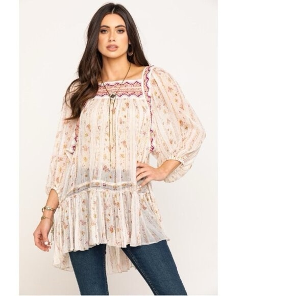 Free People Top Dance Magic Tunic Printed Women Ivory size M EUC Romantic Boho - Picture 1 of 5